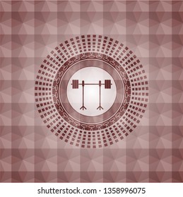 barbell on rack icon inside red seamless emblem or badge with abstract geometric pattern background.