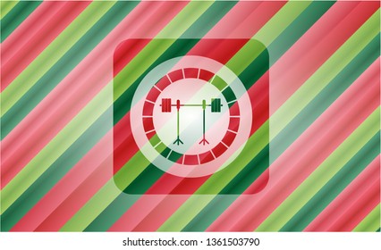 barbell on rack icon inside christmas emblem background.
