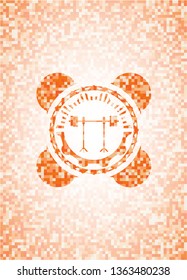 barbell on rack icon inside abstract orange mosaic emblem
