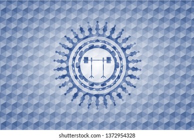barbell on rack icon inside blue emblem or badge with abstract geometric polygonal pattern background.