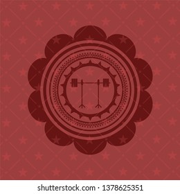 barbell on rack icon inside red emblem. Retro