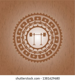 barbell on rack icon inside retro wooden emblem