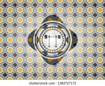 barbell on rack icon inside arabic emblem background. Arabesque decoration.
