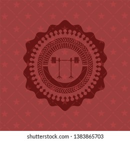 barbell on rack icon inside retro red emblem