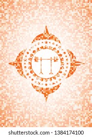 barbell on rack icon inside orange mosaic emblem with background