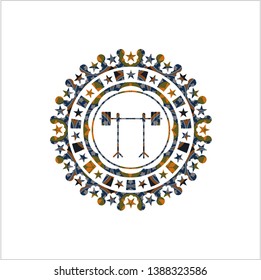 barbell on rack icon inside arabic badge. Arabesque decoration.
