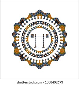 barbell on rack icon inside arabic style badge. Arabesque decoration.