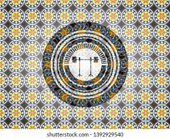 barbell on rack icon inside arabesque badge background. arabic decoration.