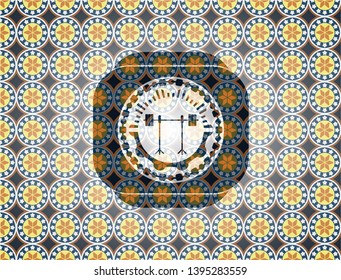 barbell on rack icon inside arabesque emblem background. arabic decoration.