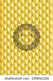 barbell on rack icon inside golden emblem. Scales pattern. Vector Illustration. Detailed.