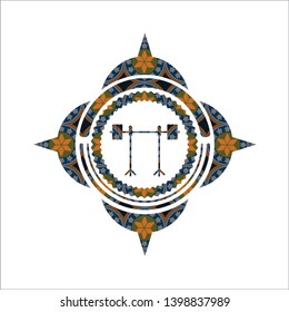 barbell on rack icon inside arabic style badge. Arabesque decoration.