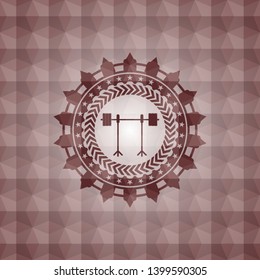 barbell on rack icon inside red seamless emblem or badge with abstract geometric pattern background.