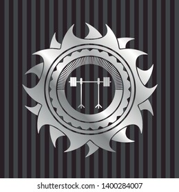 barbell on rack icon inside silver emblem or badge