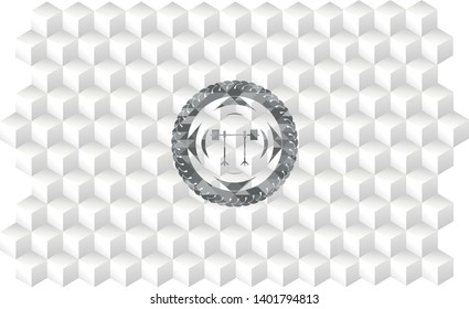 barbell on rack icon inside realistic grey emblem with geometric cube white background