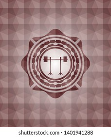 barbell on rack icon inside red seamless emblem with geometric pattern.