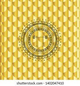barbell on rack icon inside golden badge. Scales pattern. Vector Illustration. Detailed.