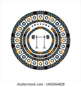 barbell on rack icon inside arabesque emblem background. arabic decoration.