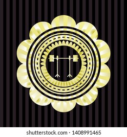 barbell on rack icon inside golden emblem or badge
