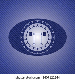 barbell on rack icon inside emblem with jean high quality background