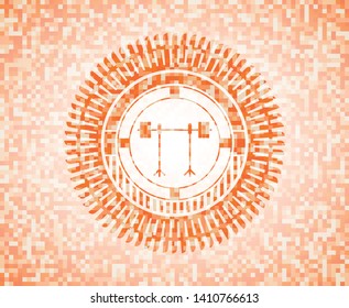 barbell on rack icon inside abstract orange mosaic emblem with background