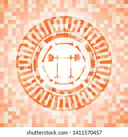 barbell on rack icon inside abstract emblem, orange mosaic background