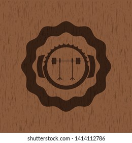 barbell on rack icon inside vintage wood emblem