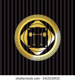 barbell on rack icon inside gold badge or emblem