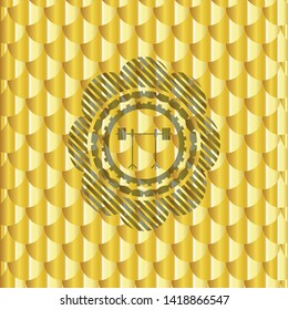 barbell on rack icon inside golden badge. Scales pattern. Vector Illustration. Detailed.