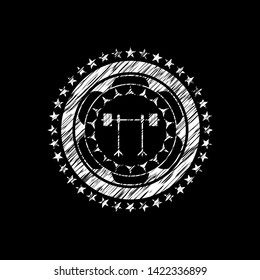 barbell on rack icon inside chalkboard emblem written on a blackboard