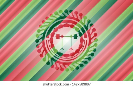 barbell on rack icon inside christmas style badge..