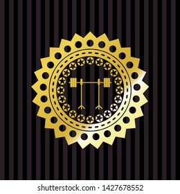 barbell on rack icon inside golden badge or emblem