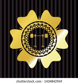 barbell on rack icon inside gold emblem or badge