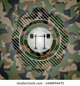 barbell on rack icon inside camo emblem