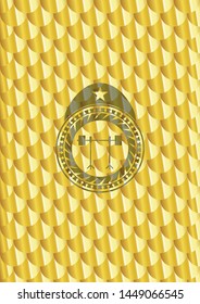 barbell on rack icon inside shiny golden emblem. Scales pattern. Vector Illustration. Detailed.