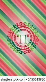barbell on rack icon inside christmas emblem background.