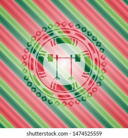 barbell on rack icon inside christmas badge.