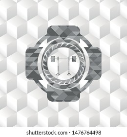 barbell on rack icon inside realistic grey emblem with geometric cube white background