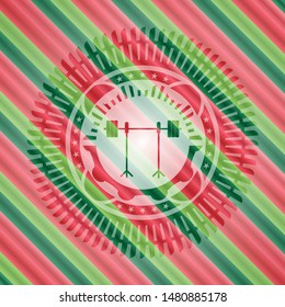 barbell on rack icon inside christmas emblem.