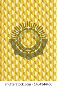 barbell on rack icon inside gold shiny emblem. Scales pattern. Vector Illustration. Detailed.