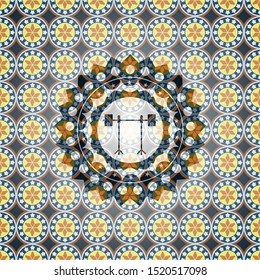 barbell on rack icon inside arabesque style emblem. arabic decoration.