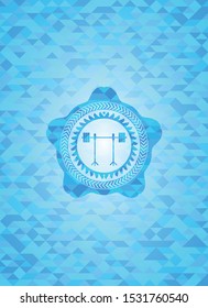 barbell on rack icon inside sky blue emblem. Mosaic background