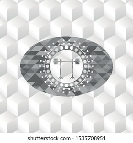 barbell on rack icon inside grey emblem with cube white background