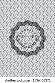 barbell on rack icon inside silver color emblem or badge. Scales pattern. Vector Illustration. Detailed.