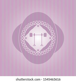 barbell on rack icon inside pink emblem. Vintage.