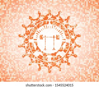 barbell on rack icon inside abstract emblem, orange mosaic background