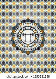 barbell on rack icon inside arabic style badge. Arabesque decoration.