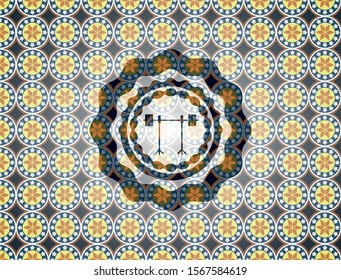 barbell on rack icon inside arabesque emblem background. arabic decoration.
