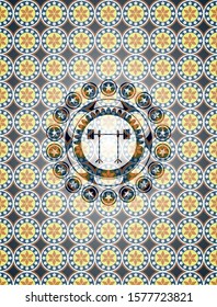 barbell on rack icon inside arabesque emblem background. arabic decoration.