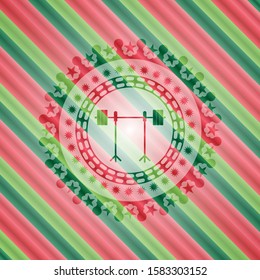 barbell on rack icon inside christmas colors style badge.