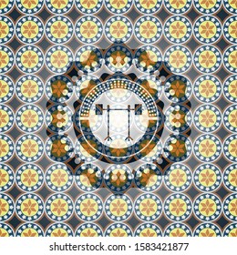 barbell on rack icon inside arabic emblem background. Arabesque decoration.